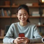 Jeune femme utilisant l'application Duolingo sur son smartphone à son bureau à domicile pour apprendre une langue étrangère