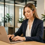 Femme d'affaires consultant des tendances business sur un ordinateur portable dans un bureau moderne