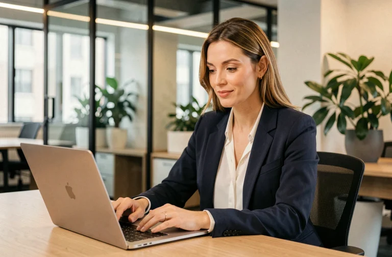 Femme d'affaires consultant des tendances business sur un ordinateur portable dans un bureau moderne