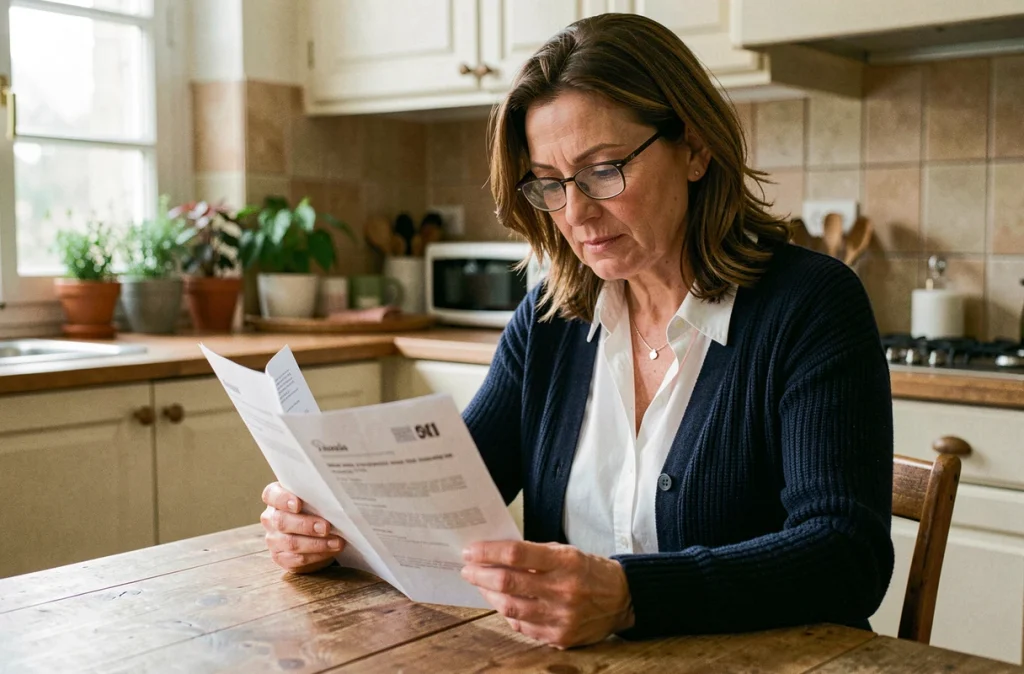 Femme lisant attentivement des documents de mutuelle santé à une table de cuisine, analysant les avis sur la mutuelle GSMC