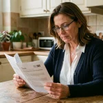 Femme lisant attentivement des documents de mutuelle santé à une table de cuisine, analysant les avis sur la mutuelle GSMC