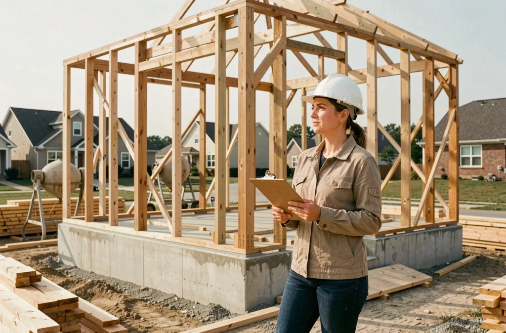 Une femme architecte supervise la construction de sa future maison sur un chantier résidentiel en plein air