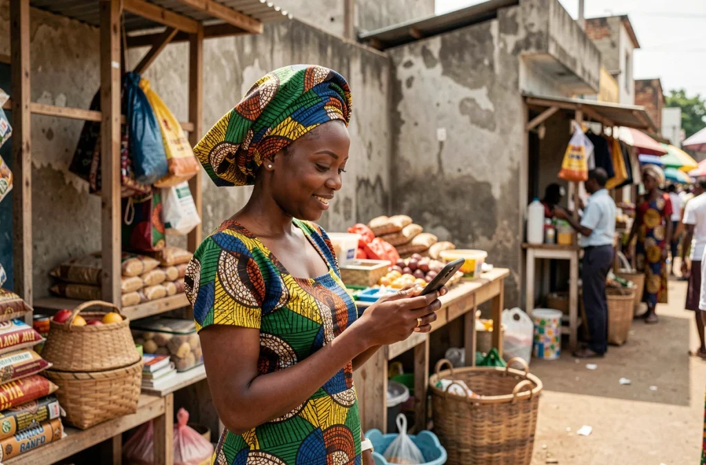Femme sénégalaise commerçante consultant son téléphone pour accéder à un micro-prêt Wave au marché
