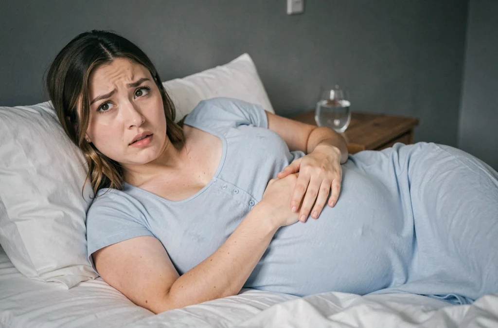 Femme enceinte allongée sur le côté dans une chambre, main posée sur le ventre avec une expression surprise et apaisée, évoquant les mouvements du bébé pendant la grossesse