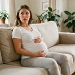 Femme enceinte assise sur un canapé, les mains sur le ventre, avec une expression légèrement surprise mais rassurée, illustrant le sursaut pendant la grossesse
