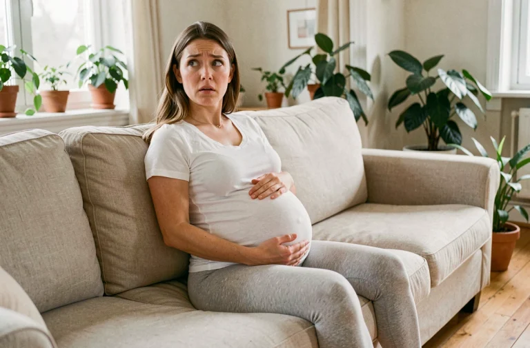 Femme enceinte assise sur un canapé, les mains sur le ventre, avec une expression légèrement surprise mais rassurée, illustrant le sursaut pendant la grossesse