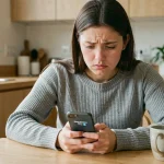 Jeune femme frustrée regardant un écran de chargement sur Messenger depuis son smartphone dans une cuisine moderne