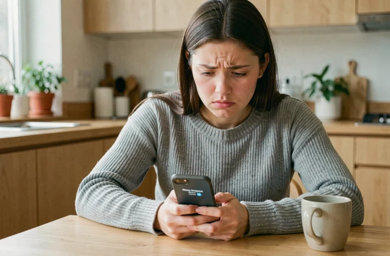 Jeune femme frustrée regardant un écran de chargement sur Messenger depuis son smartphone dans une cuisine moderne