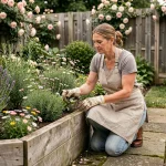 Femme jardinant dans un potager surélevé en bois entouré de lavande et de fleurs sauvages dans un jardin extérieur harmonieux