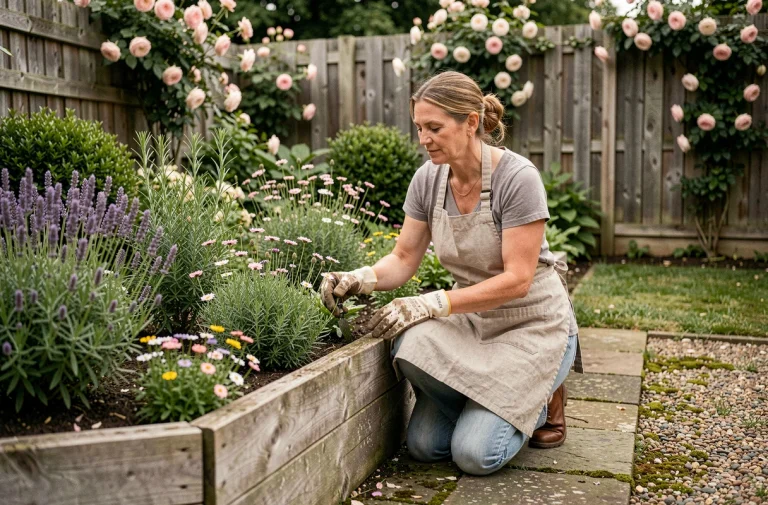 Femme jardinant dans un potager surélevé en bois entouré de lavande et de fleurs sauvages dans un jardin extérieur harmonieux