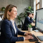 Femme professionnelle analysant des données analytiques sur un écran dans un espace de coworking moderne pour développer son activité