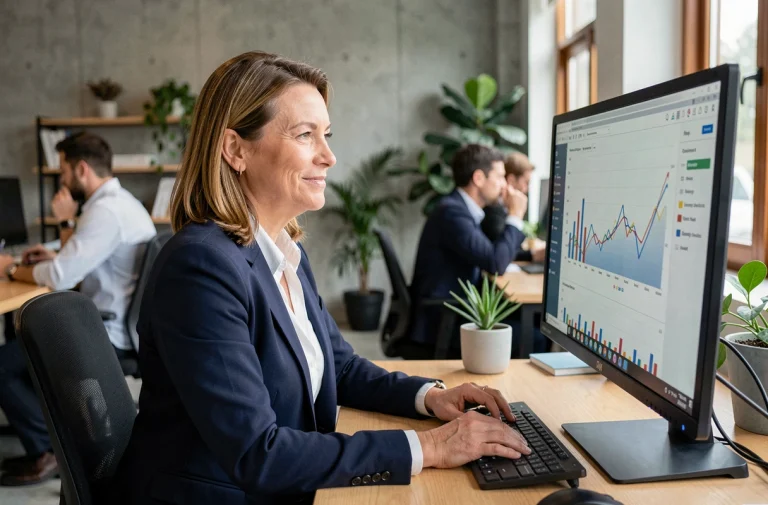 Femme professionnelle analysant des données analytiques sur un écran dans un espace de coworking moderne pour développer son activité