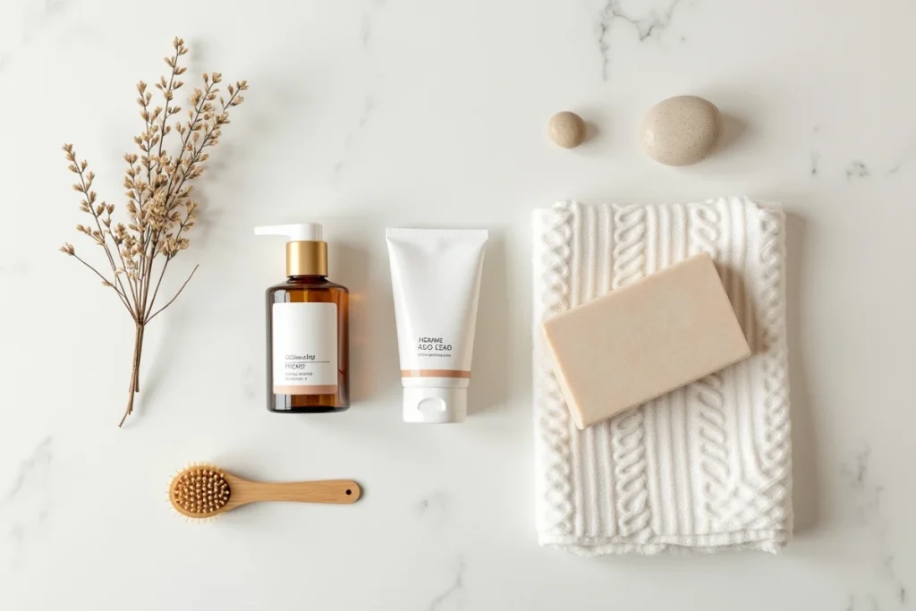 Flatlay minimaliste de cinq produits de soin essentiels sur béton clair, représentant une routine beauté skinimaliste épurée