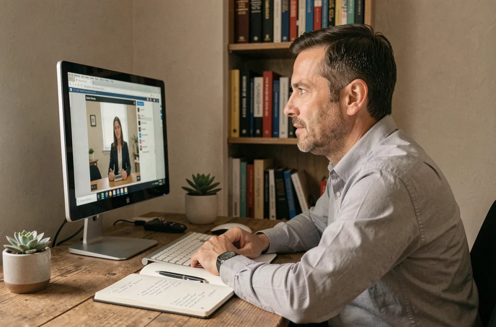 Salarié suivant une formation professionnelle en ligne depuis son bureau à domicile avec prise de notes sur un carnet
