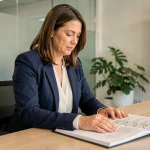 Salariée en formation professionnelle en entreprise consultant des documents de parcours de formation dans une salle de réunion moderne