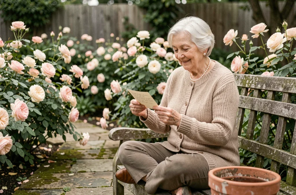 Grand-mère élégante aux cheveux blancs lisant un mot doux dans un jardin fleuri, ambiance douce et nostalgique