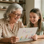 Grand-mère et petite-fille riant ensemble en regardant une carte faite main avec le mot Mamie, dans une cuisine rustique chaleureuse