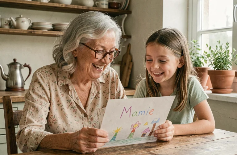 Grand-mère et petite-fille riant ensemble en regardant une carte faite main avec le mot Mamie, dans une cuisine rustique chaleureuse