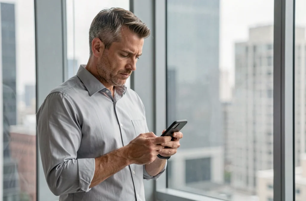 Homme d'affaires analysant les tendances du marché sur smartphone dans un bureau en hauteur avec vue sur la ville