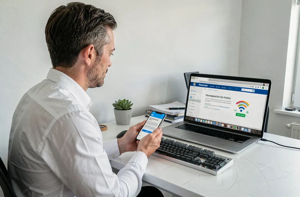 Homme au bureau consultant une page de dépannage Wi-Fi sur ordinateur portable tout en observant une erreur réseau sur Messenger