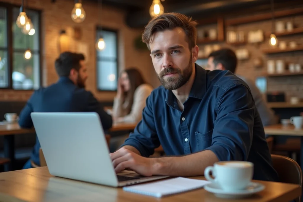 Homme comparant les tarifs et options d'abonnement Duolingo Max sur son ordinateur portable dans un café moderne