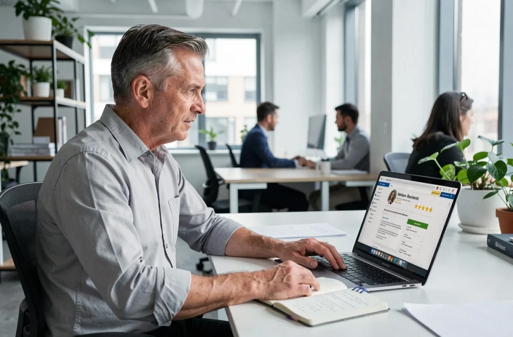 Homme consultant des avis en ligne sur une mutuelle santé depuis son bureau, comparant les évaluations de la mutuelle GSMC