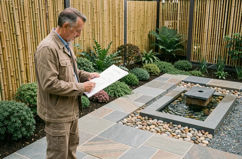Homme consultant des plans de jardinage devant une terrasse en dalles avec aménagement paysager contemporain et bassin en ardoise
