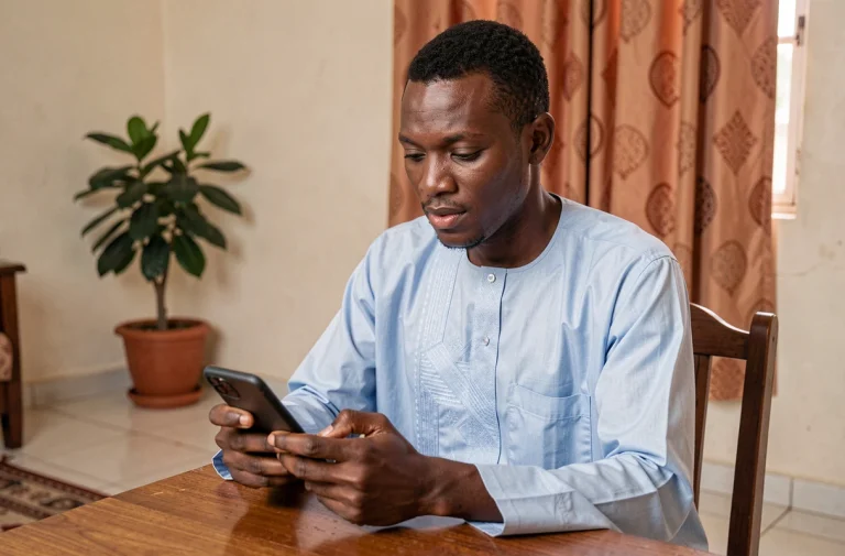 Homme sénégalais utilisant l'application Wave sur son smartphone pour effectuer une demande de prêt depuis son domicile à Dakar