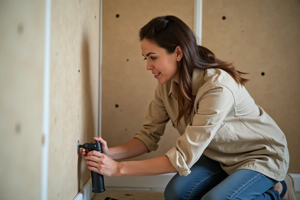 Femme appliquant de l'huile déblocante sur une vis coincée dans un mur en placo pour faciliter son retrait