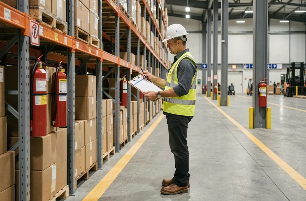 Agent d'entrepôt en gilet haute visibilité inspectant les rayonnages métalliques avec une liste de contrôle de sécurité