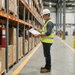 Agent d'entrepôt en gilet haute visibilité inspectant les rayonnages métalliques avec une liste de contrôle de sécurité