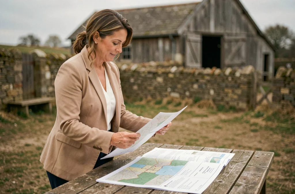 Femme investisseur consultant des documents cadastraux pour l'achat d'un terrain agricole dans une ferme rurale
