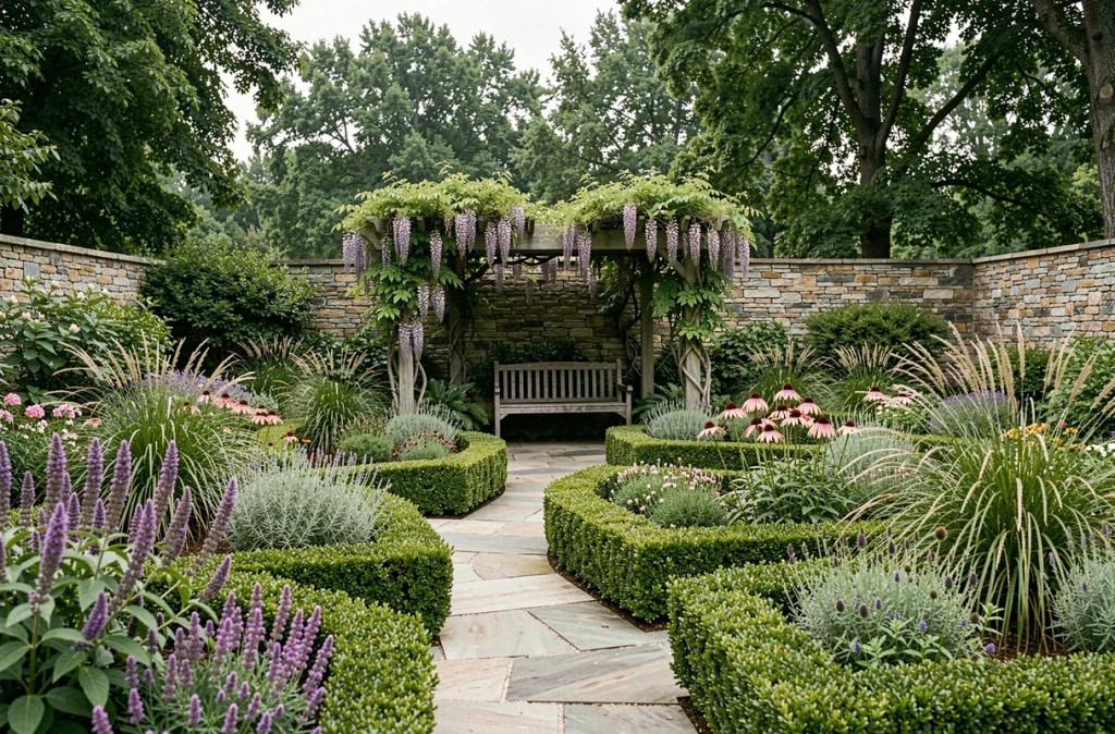 Vue panoramique d'un jardin paysager avec allées en pierre, haies de buis et massifs de vivaces colorées autour d'une pergola en bois