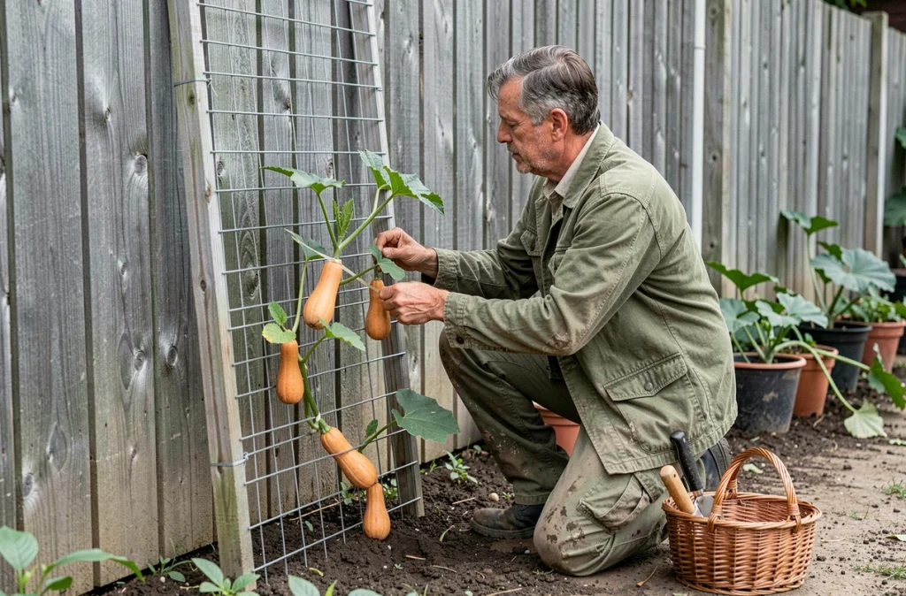 Jardinier attachant des plants de butternut à un treillis en grillage métallique fixé contre une clôture en bois en milieu urbain