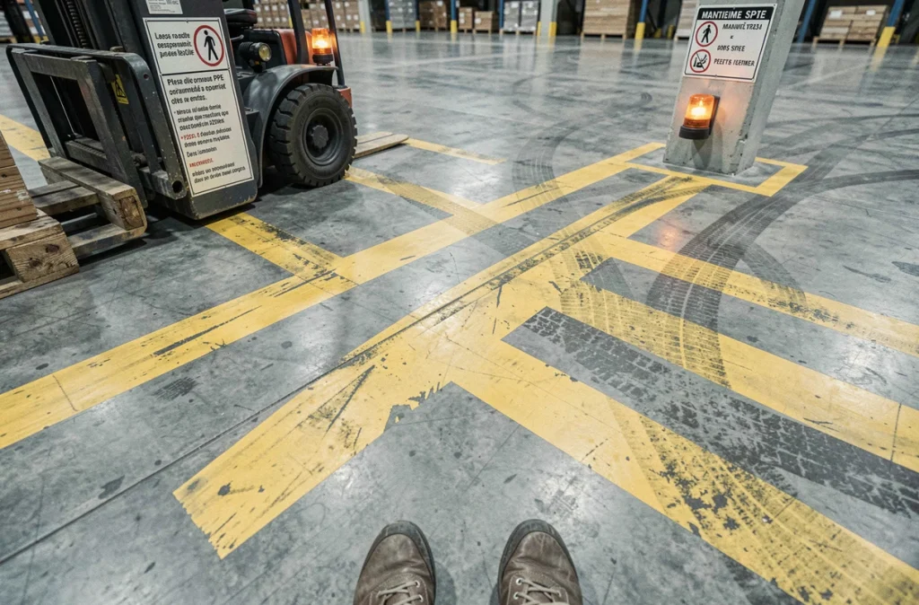 Marquages au sol de sécurité dans un entrepôt avec signalisation de zones piétonnes et voies de chariots élévateurs