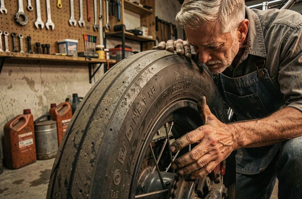 Mécanicien inspectant un pneu arrière large monté sur une moto custom dans un atelier de garage authentique