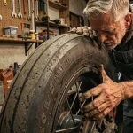 Mécanicien inspectant un pneu arrière large monté sur une moto custom dans un atelier de garage authentique