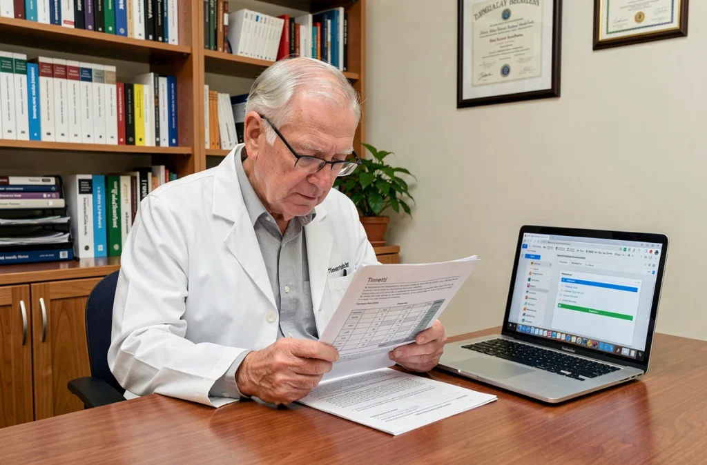 Médecin gériatre lisant le test de Tinetti en PDF imprimé sur son bureau dans un cabinet médical