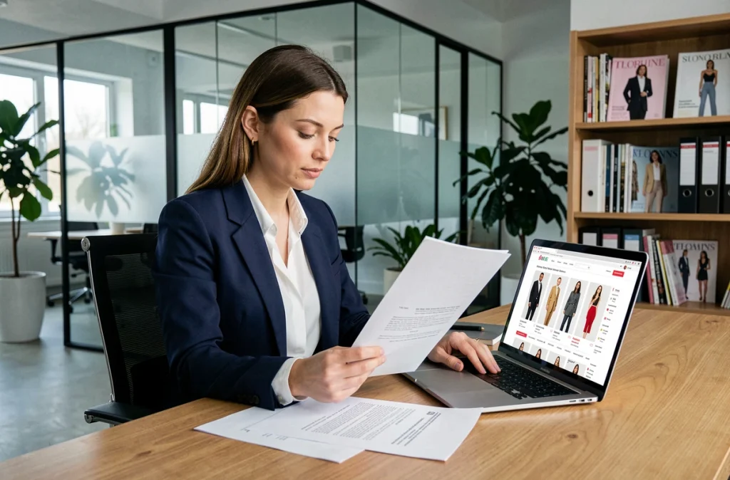 Professionnelle en blazer naval consultant des mentions légales pour un site de mode en ligne sur ordinateur portable