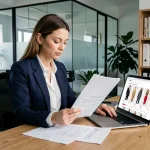 Professionnelle en blazer naval consultant des mentions légales pour un site de mode en ligne sur ordinateur portable
