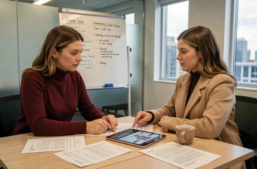 Deux professionnelles de la mode discutant des obligations légales et mentions obligatoires d'un site e-commerce