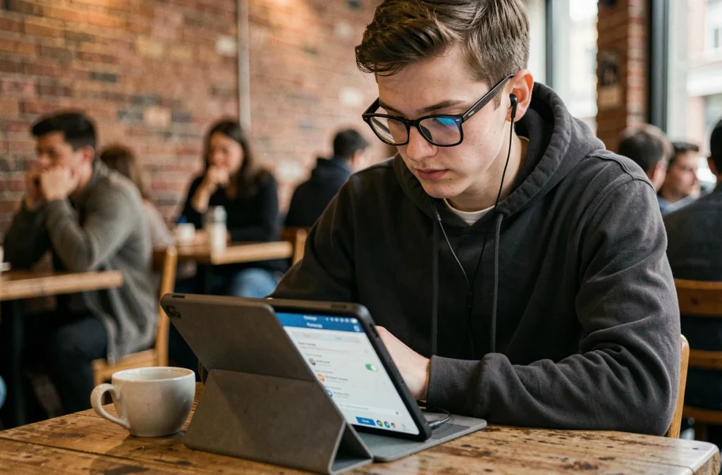 Jeune personne consultant les paramètres de confidentialité sur une tablette dans un café public