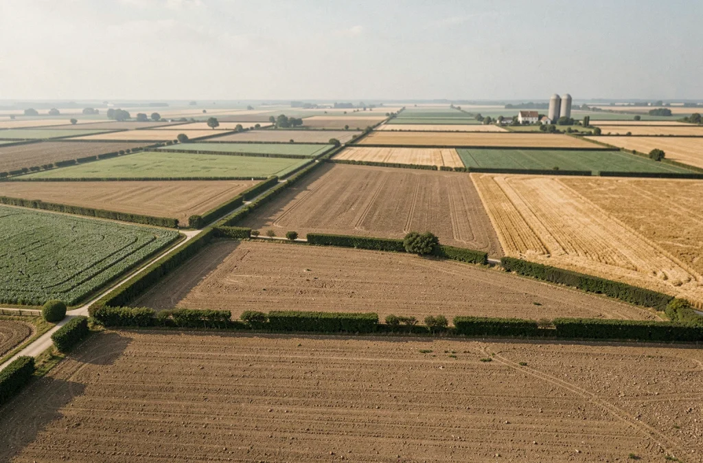 Vue panoramique de parcelles de terrain agricole en France, illustrant la diversité des investissements fonciers ruraux