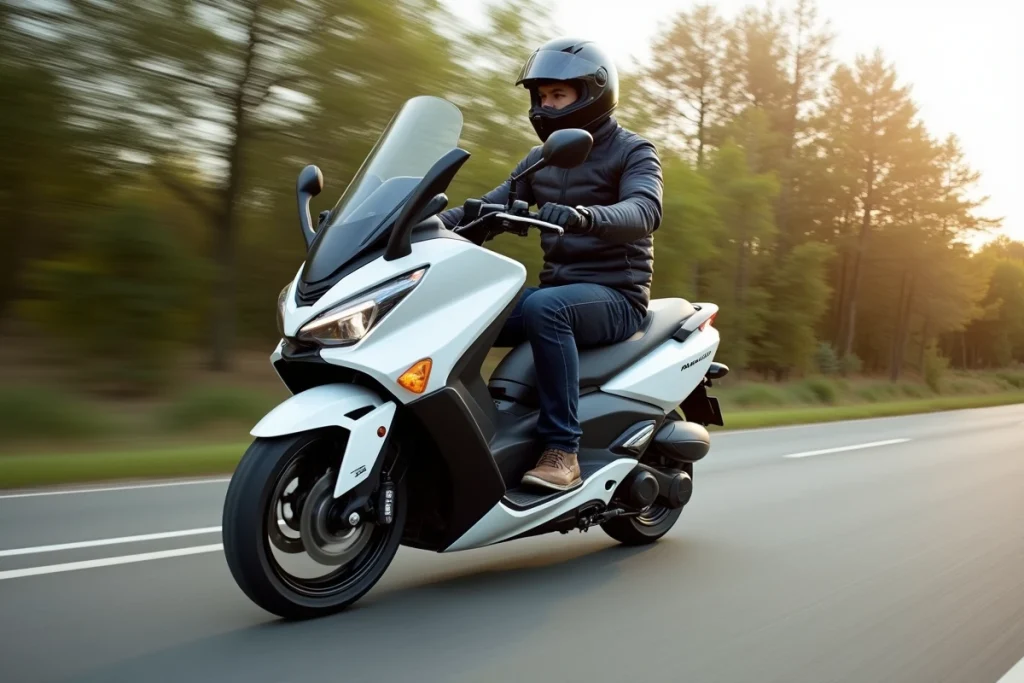 Motard en veste textile conduisant un Yamaha Xmax 125 blanc à vitesse de croisière sur une route de campagne après 10 000 km de rodage