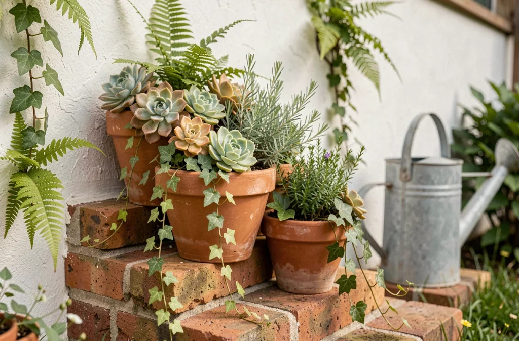 Composition décorative de jardin avec pots en terre cuite, succulentes et herbes aromatiques sur des marches en briques récupérées