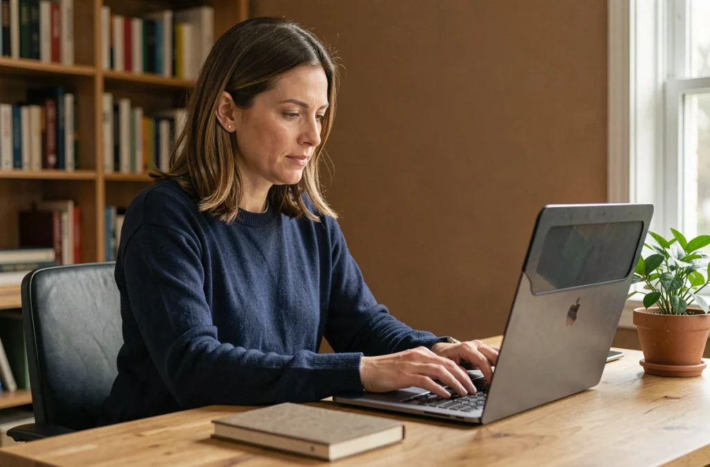 Femme utilisant un filtre de confidentialité sur son ordinateur portable pour protéger ses données personnelles