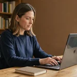 Femme utilisant un filtre de confidentialité sur son ordinateur portable pour protéger ses données personnelles