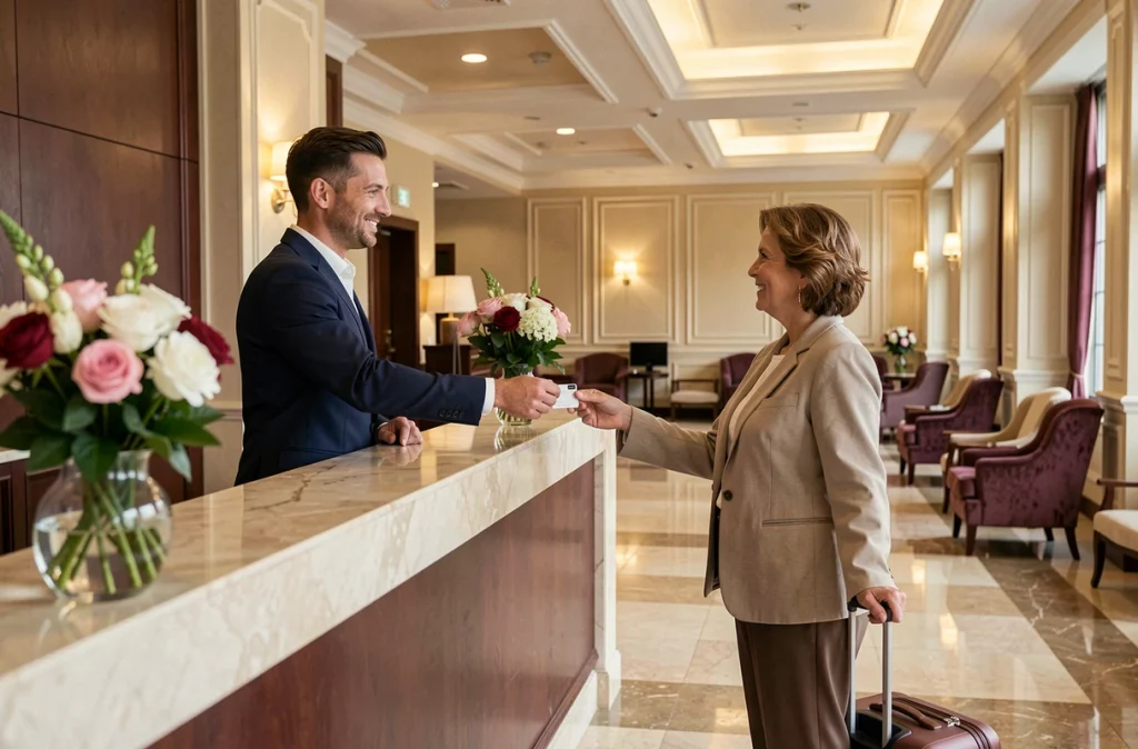 Réception élégante d'un hôtel quatre étoiles avec personnel professionnel accueillant une cliente