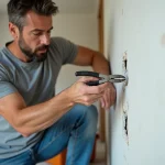 Homme utilisant une pince multiprise pour retirer une vis grippée dans un mur en plâtre lors de travaux de rénovation