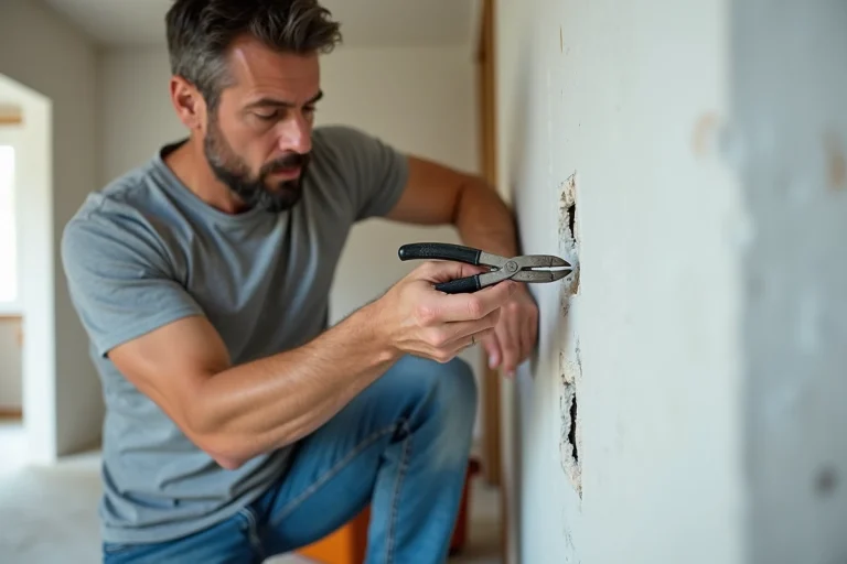 Homme utilisant une pince multiprise pour retirer une vis grippée dans un mur en plâtre lors de travaux de rénovation